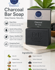 E & E Essentials Charcoal Bar Soap with ingredients list on a light background