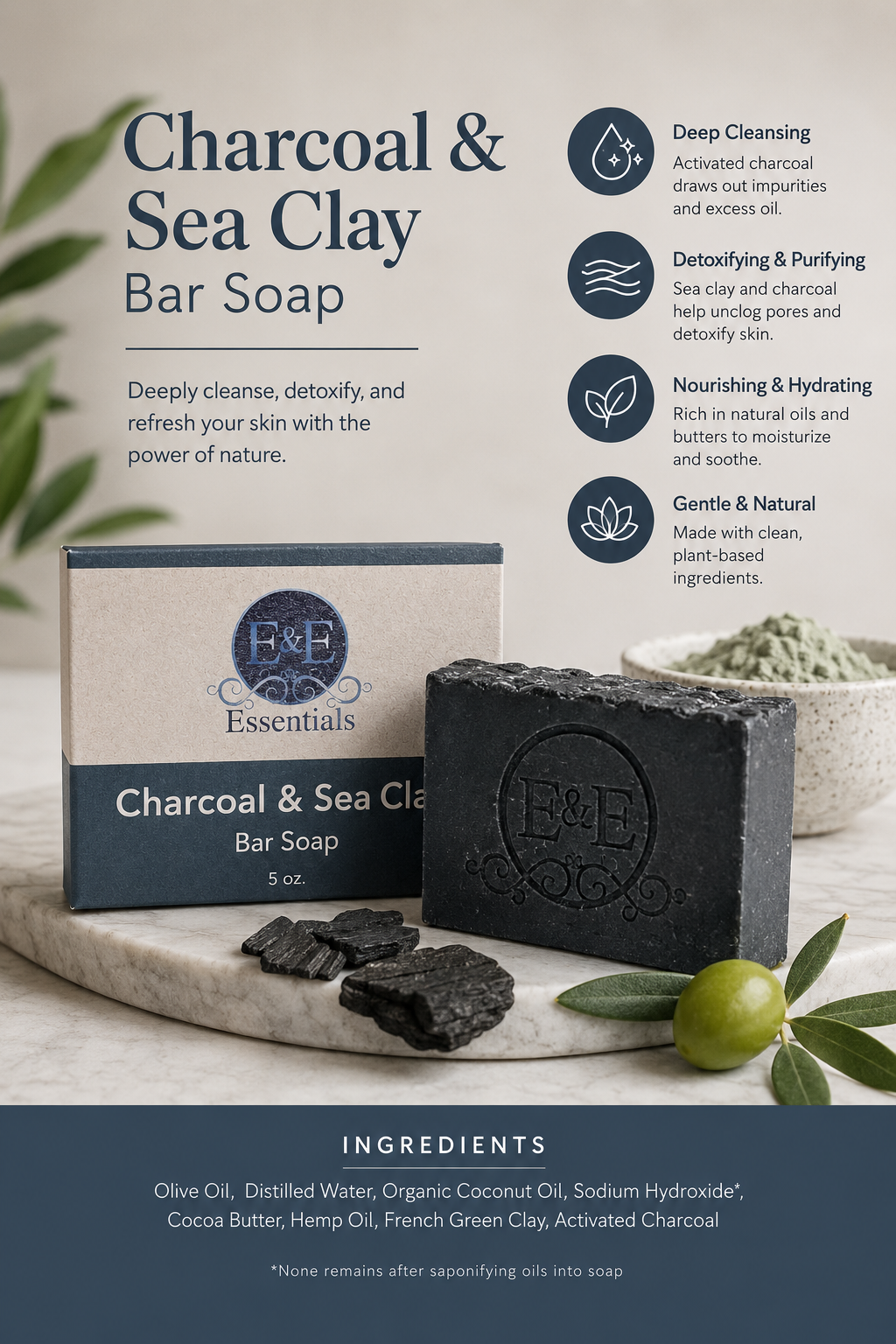 Charcoal and sea clay bar soap with packaging on a stone surface, surrounded by greenery.