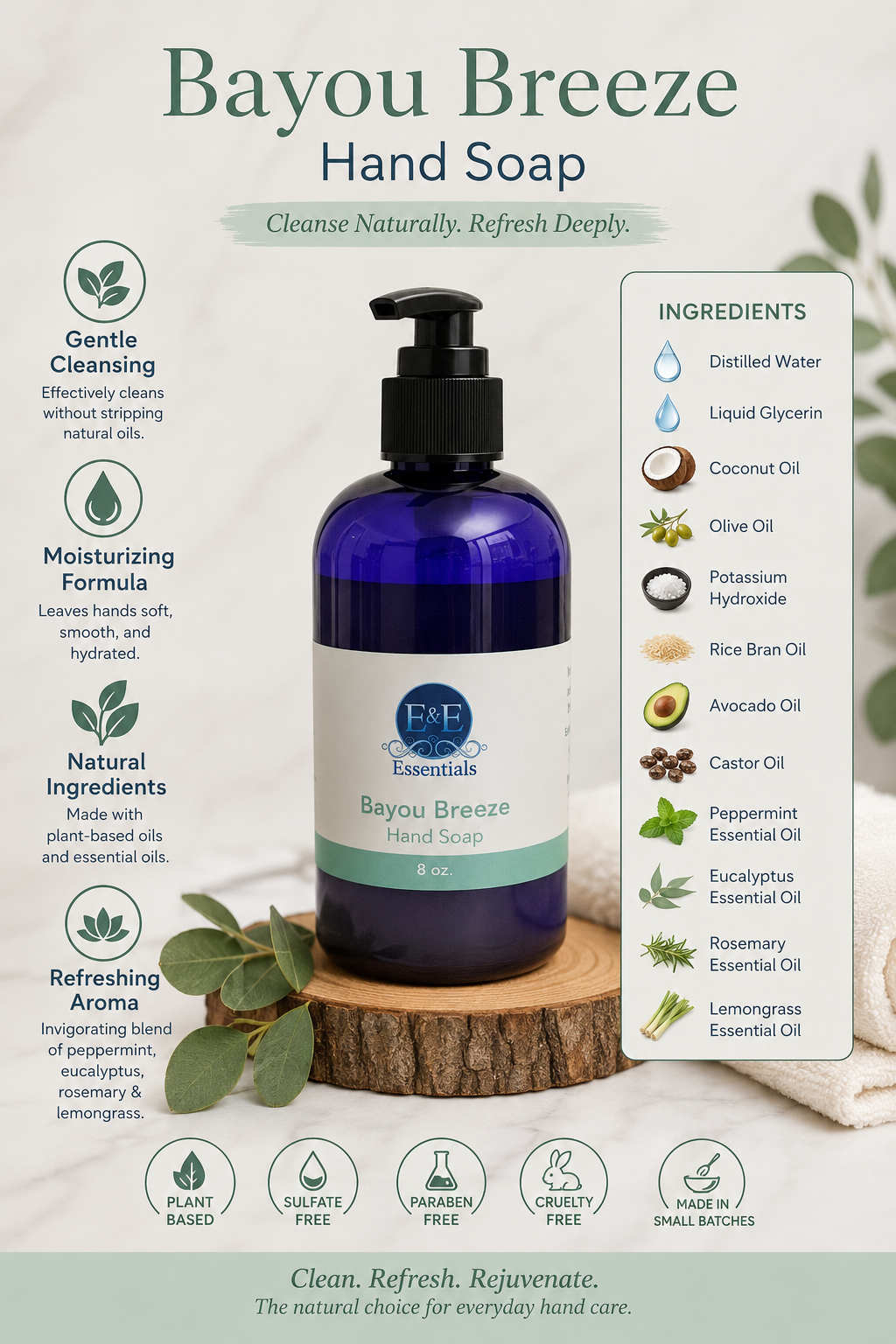Bayou Breeze hand soap bottle with ingredients list on a natural background