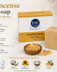 Frankincense bar soap with packaging and ingredients listed on a light background