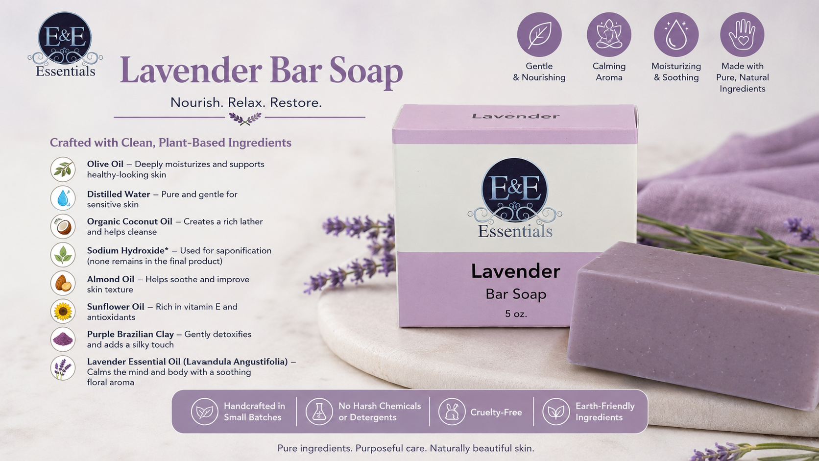 E & E Essentials Lavender Bar Soap packaging with ingredients list on a white background