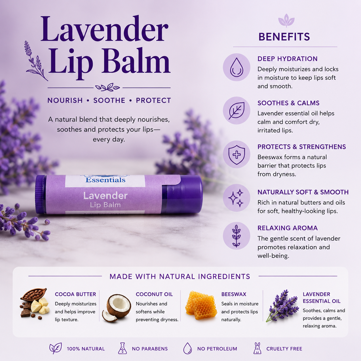 Lavender lip balm packaging with benefits and ingredients listed on a purple background.