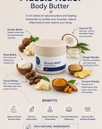 Muscle Relief Body Butter with ingredients and benefits on a white background