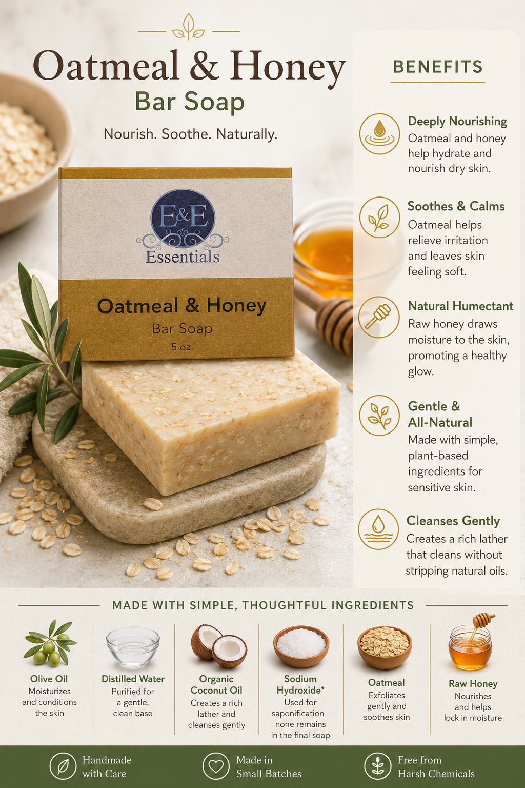 Oatmeal & Honey Bar Soap packaging with ingredients and benefits listed.
