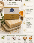 Oatmeal & Honey Bar Soap packaging with ingredients and benefits listed.
