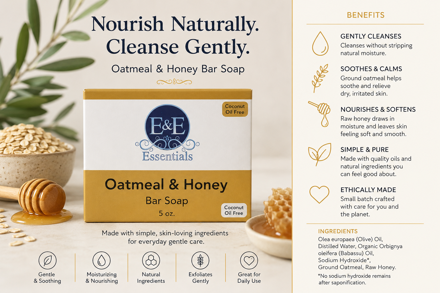 E & E Essentials Oatmeal & Honey Bar Soap packaging with natural ingredients and benefits listed.