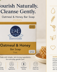 E & E Essentials Oatmeal & Honey Bar Soap packaging with natural ingredients and benefits listed.