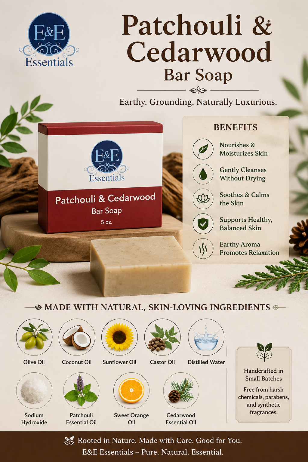 Patchouli & Cedarwood Bar Soap packaging with ingredients and benefits listed.