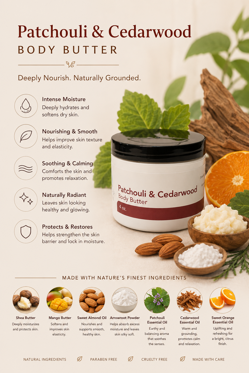 Patchouli & Cedarwood body butter with ingredients and benefits on a natural background