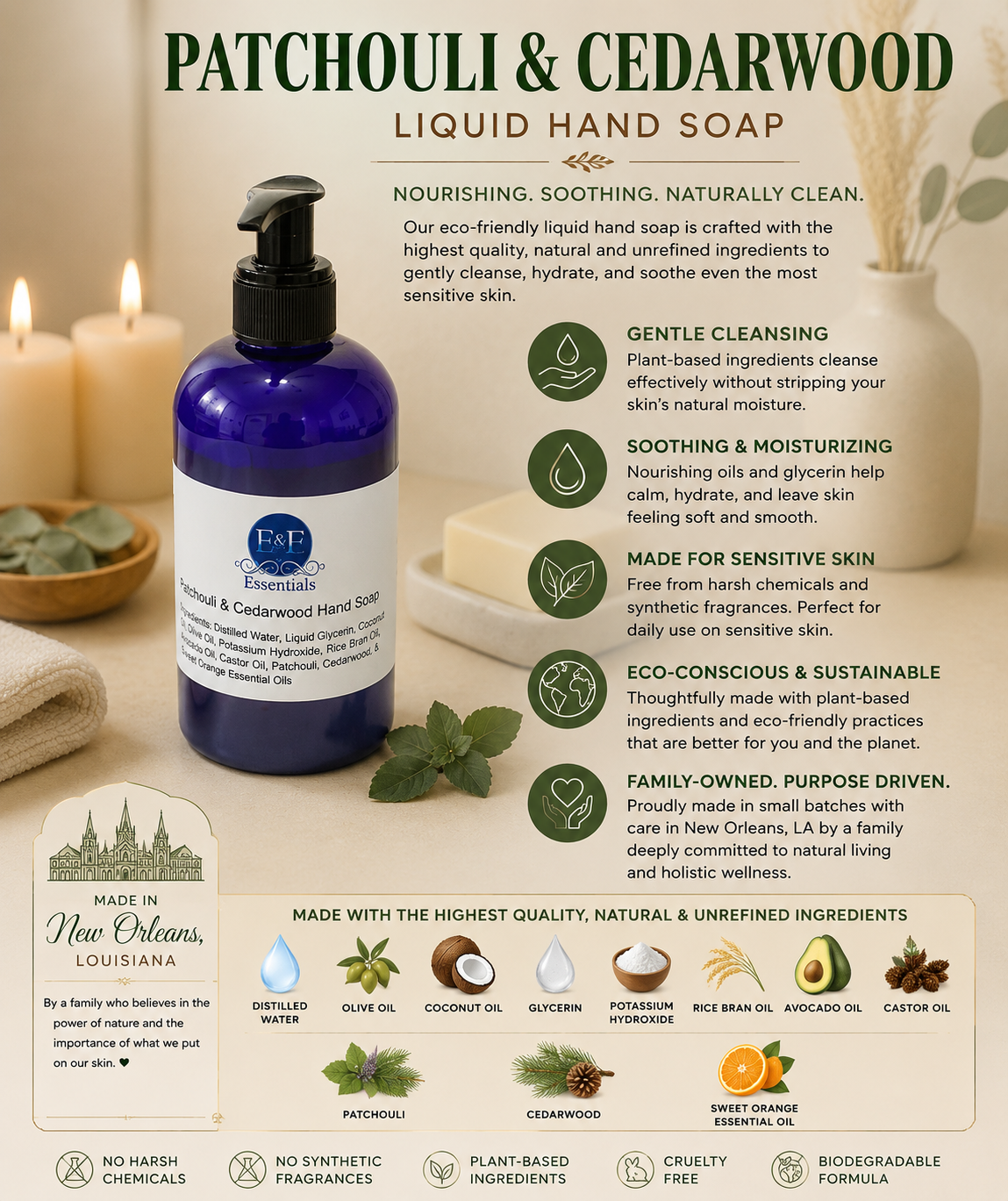 Patchouli & Cedarwood liquid hand soap bottle with product details on a neutral background