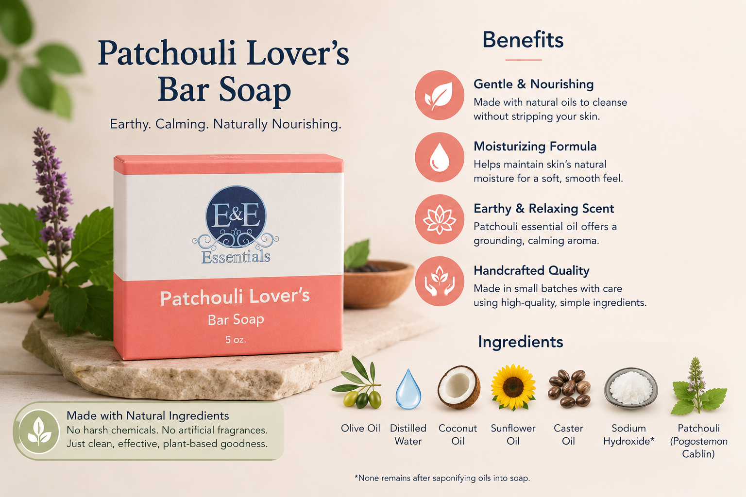Patchouli Lover's Bar Soap packaging with benefits and ingredients listed on a natural background.