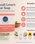 Patchouli Lover's Bar Soap packaging with benefits and ingredients listed on a natural background.