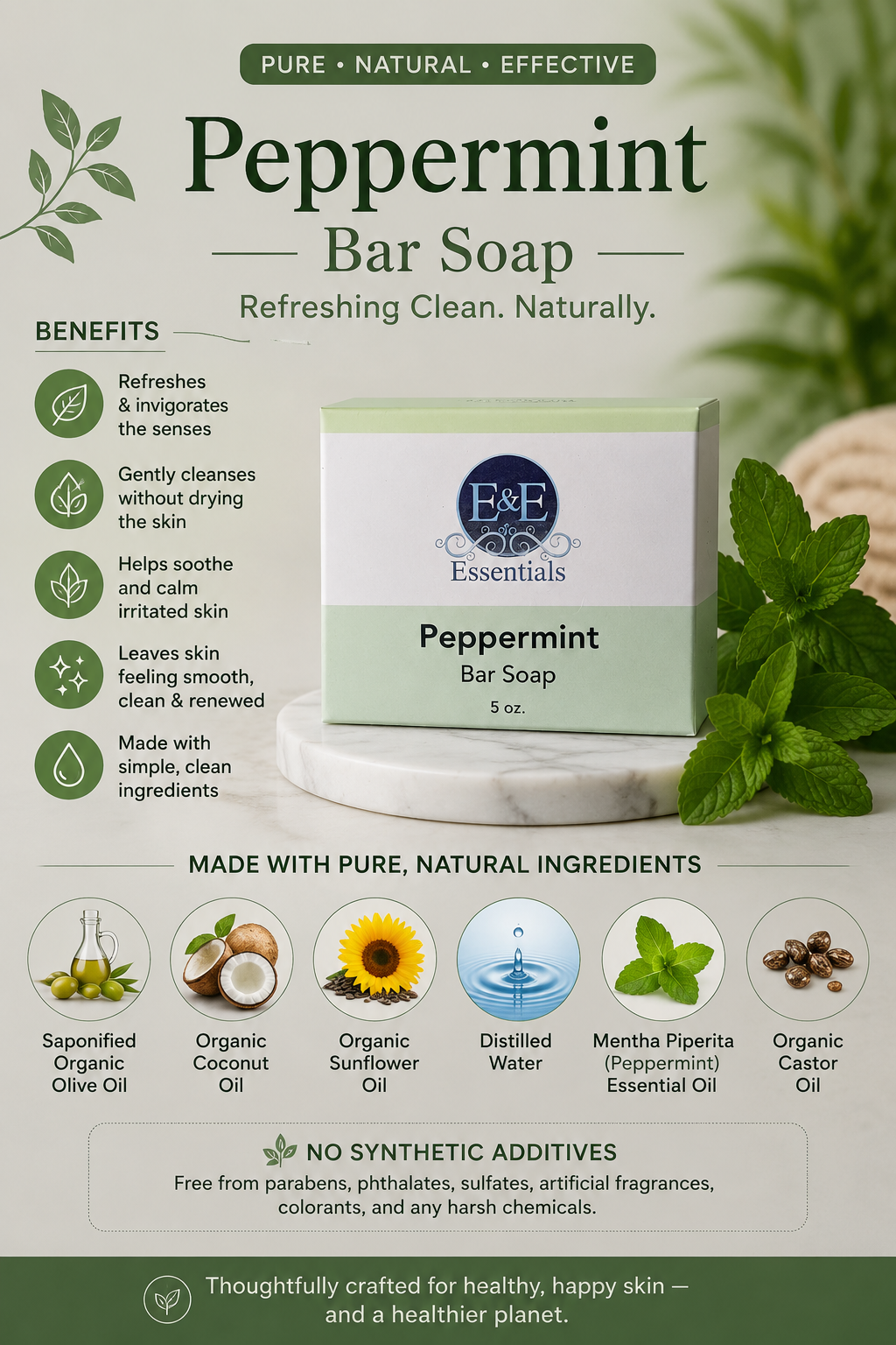 Peppermint bar soap packaging with ingredients listed on a white background