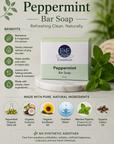 Peppermint bar soap packaging with ingredients listed on a white background
