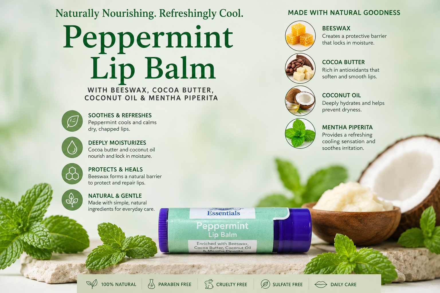 Peppermint lip balm packaging with natural ingredients listed on a green background