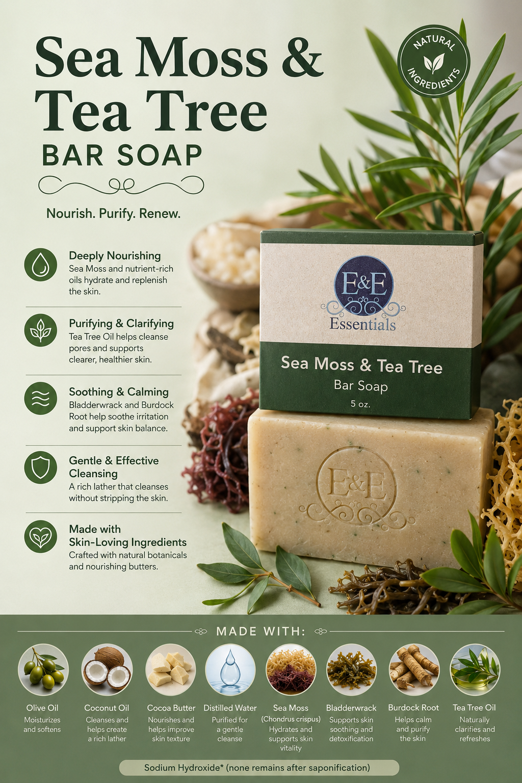 Sea Moss & Tea Tree Bar Soap packaging with natural ingredients and branding.