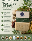 Sea Moss & Tea Tree Bar Soap packaging with natural ingredients and branding.