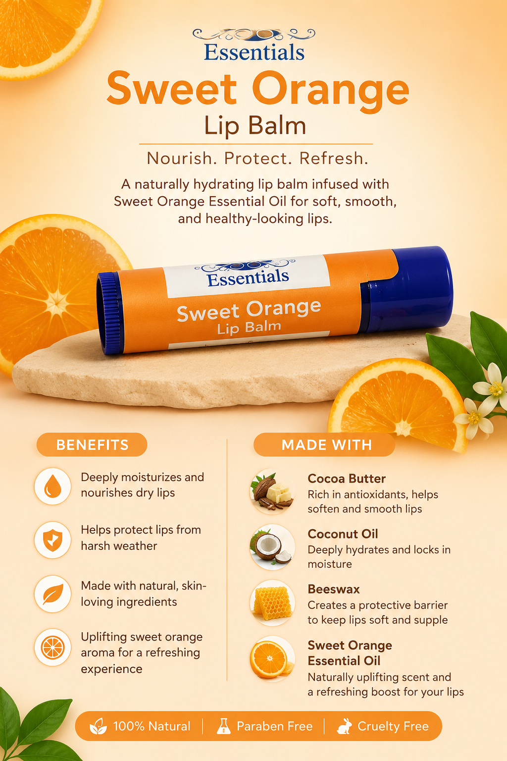 Sweet Orange Lip Balm packaging with ingredients and benefits on a wooden board with oranges and flowers.