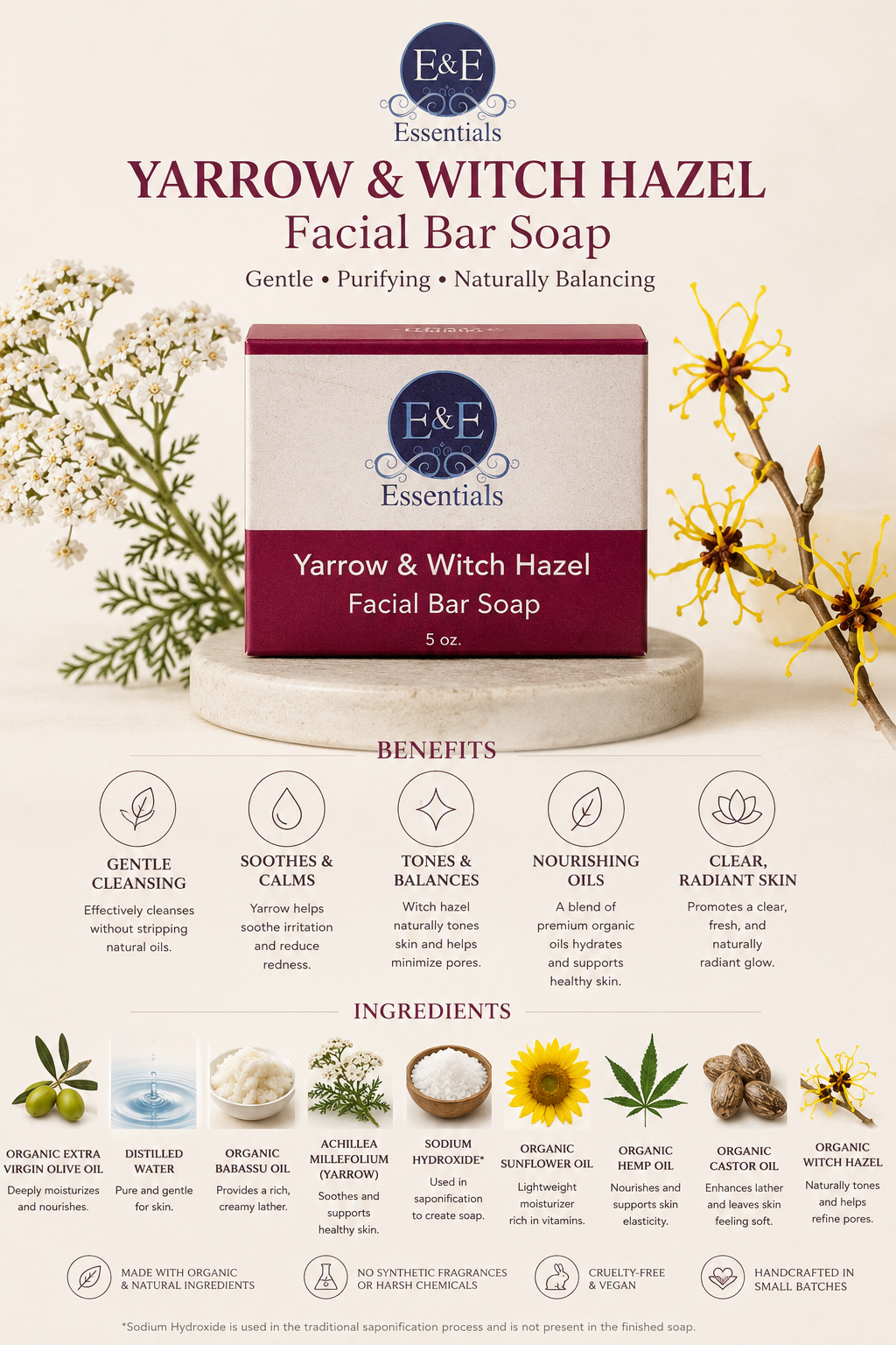 Yarrow &amp; Witch Hazel Facial Bar Soap packaging with natural ingredients and benefits on a light background.
