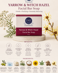 Yarrow & Witch Hazel Facial Bar Soap packaging with natural ingredients and benefits on a light background.