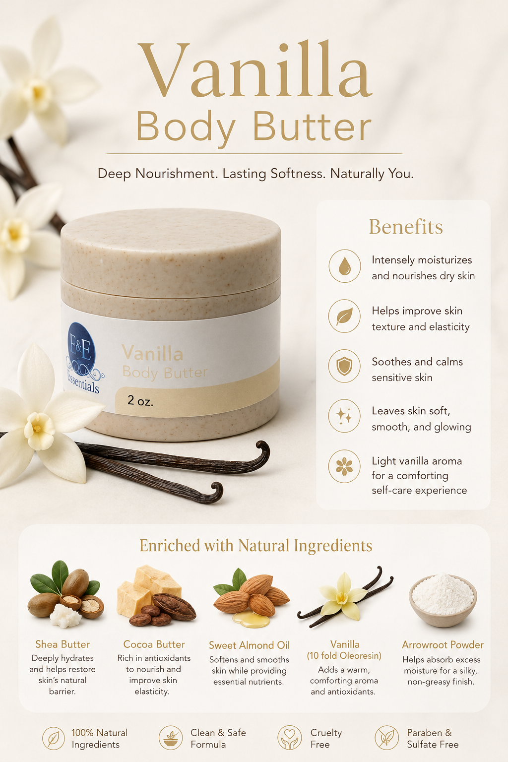 Vanilla body butter jar with benefits listed on a white background
