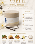 Vanilla body butter jar with benefits listed on a white background