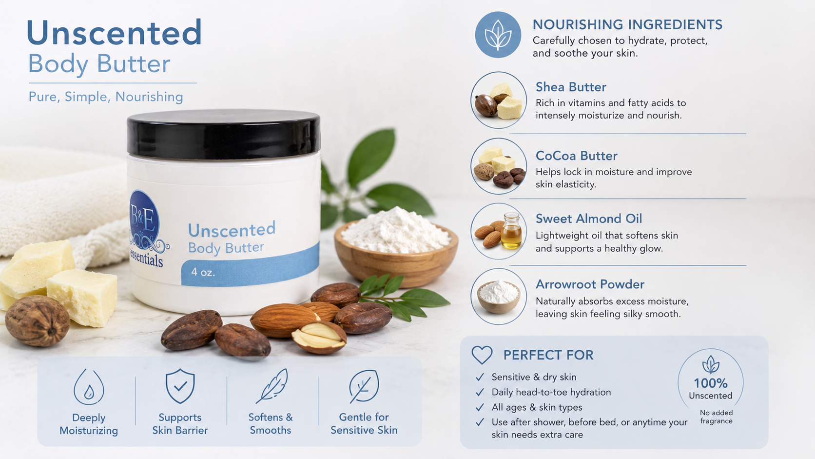 Unscented body butter container with ingredients listed on a white background