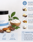 Unscented body butter container with ingredients listed on a white background