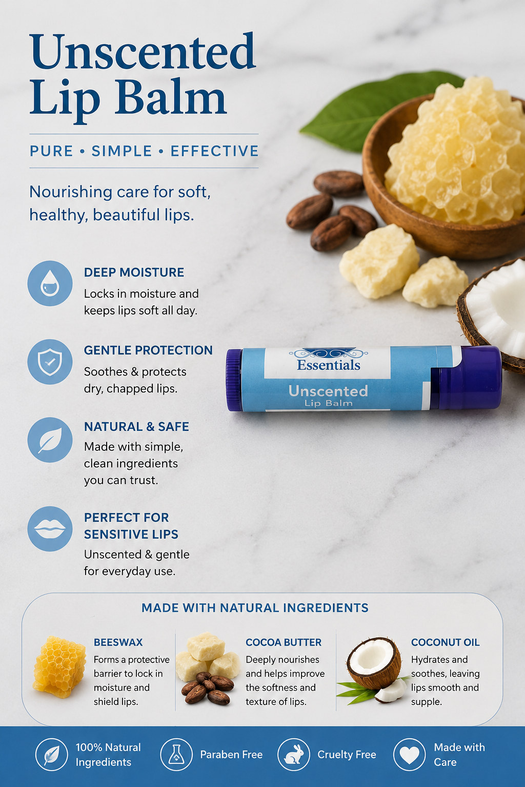 Unscented lip balm packaging with natural ingredients on a marble background