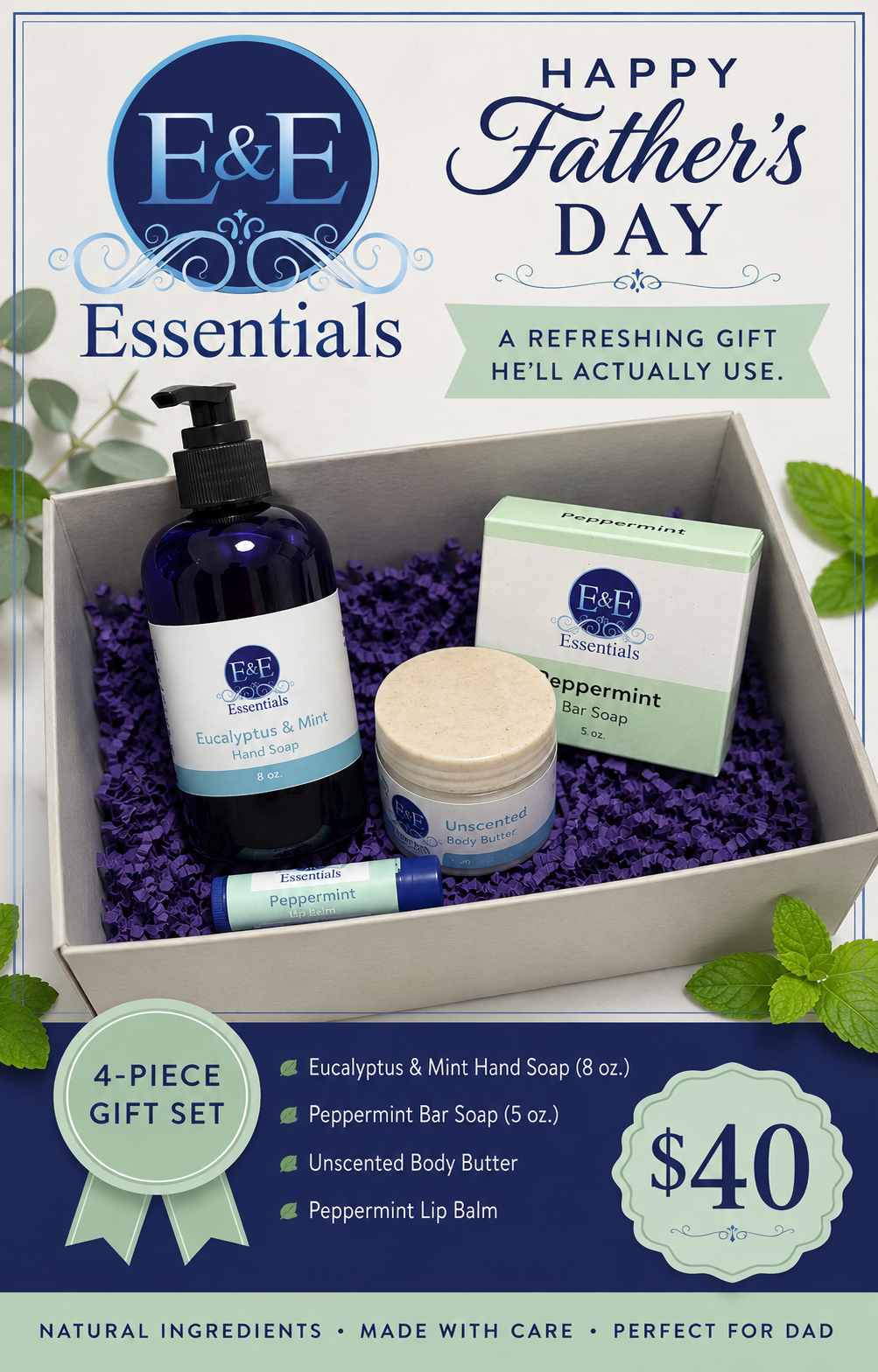 E&E Essentials Father's Day gift set with products and packaging details.