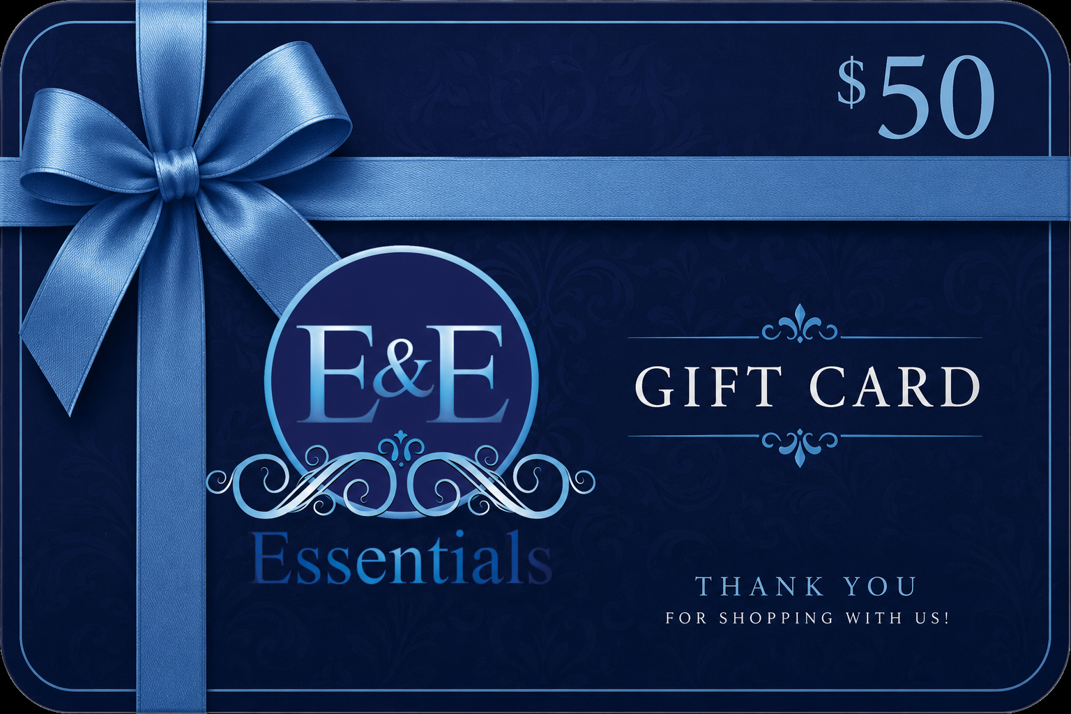 E&amp;E Essentials gift card with blue ribbon on a dark background