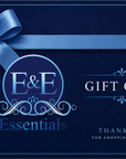 E&E Essentials gift card with blue ribbon on a dark background