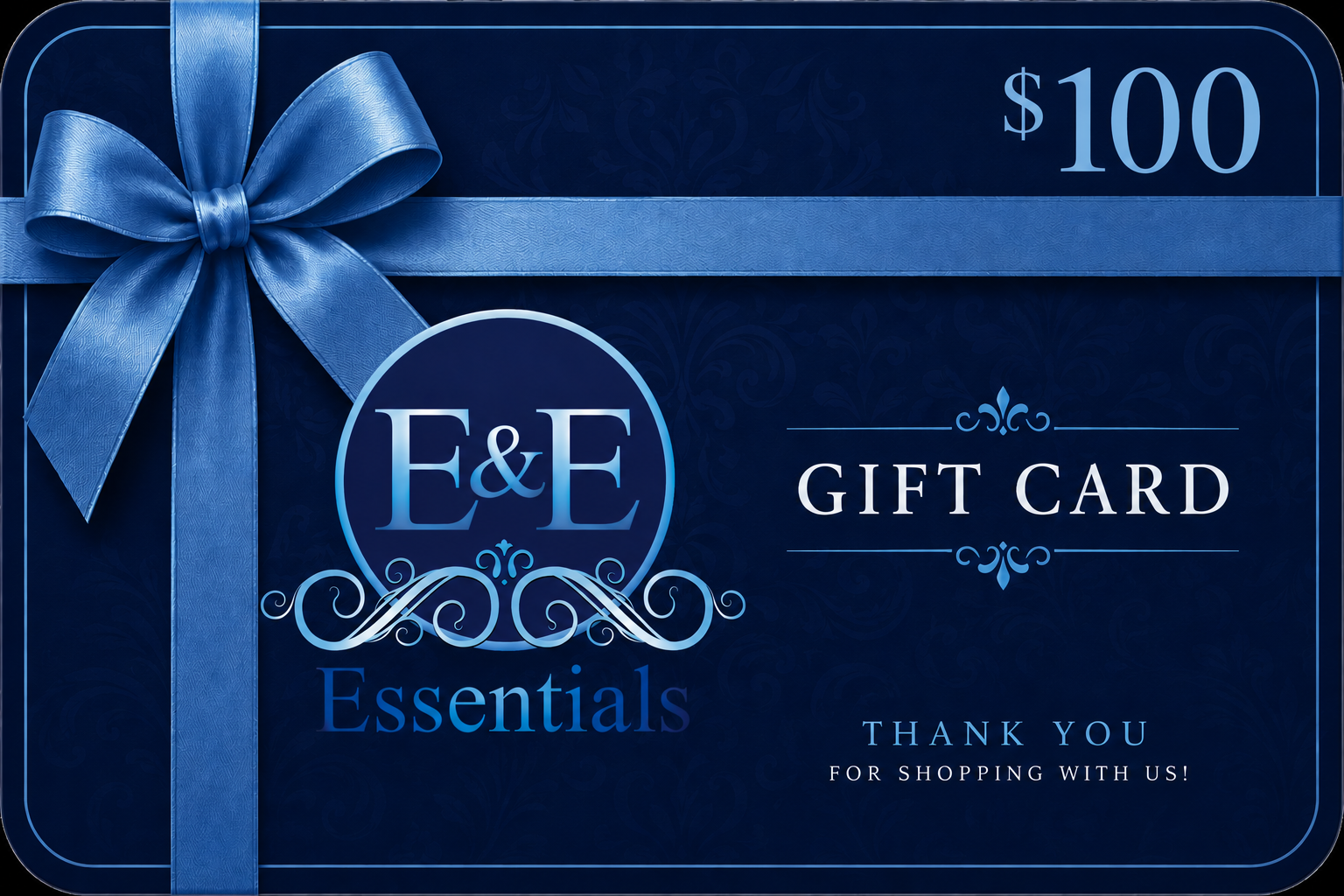 Gift card with blue ribbon and 'E&amp;E Essentials' logo on a dark background