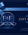 Gift card with blue ribbon and 'E&E Essentials' logo on a dark background