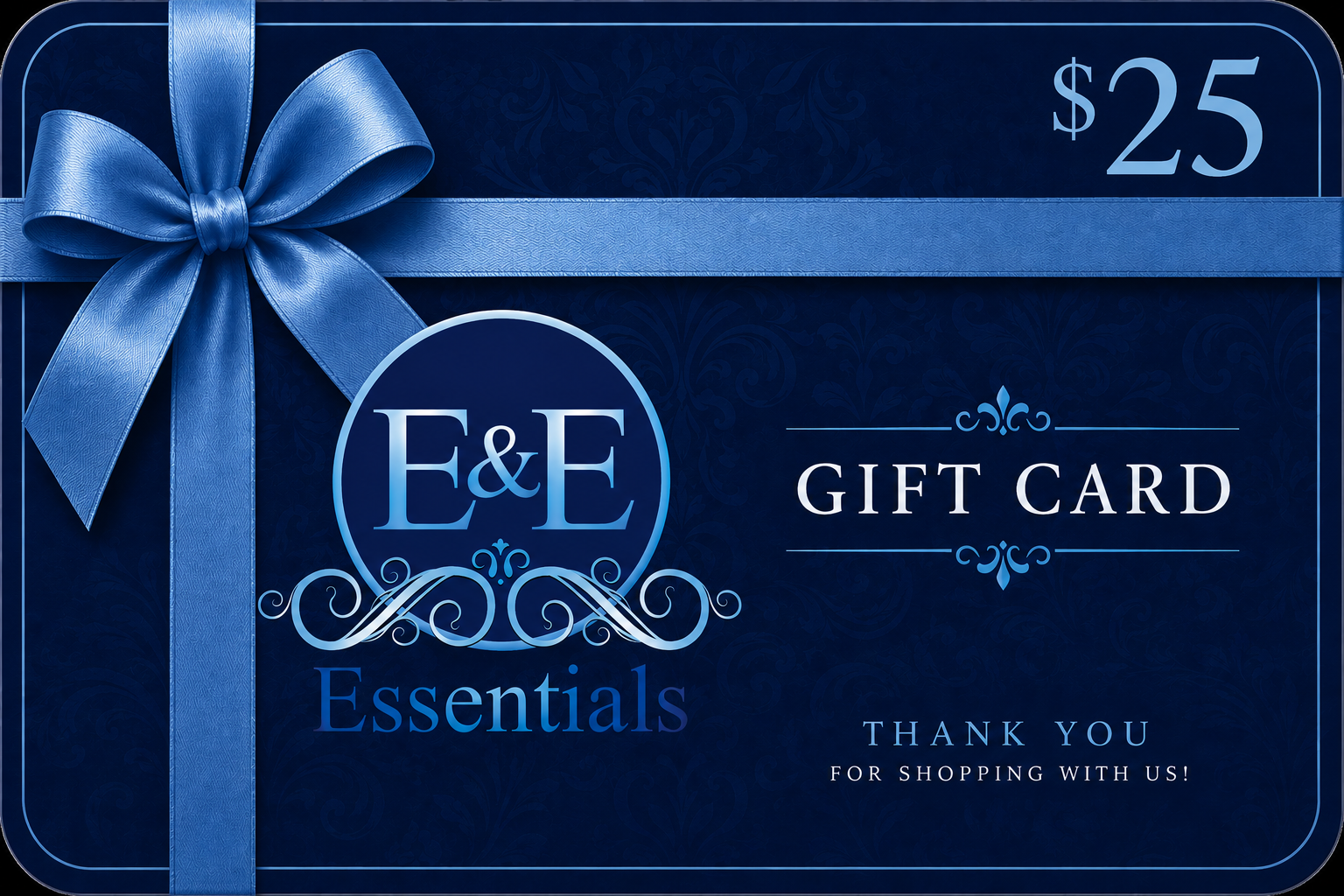 E&E Essentials gift card with blue ribbon and decorative elements on a dark background