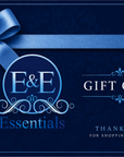 E&E Essentials gift card with blue ribbon and decorative elements on a dark background