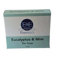 Eucalyptus & Mint Bar Soap with E & E Essentials logo, packaging for sensitive skin, natural ingredients