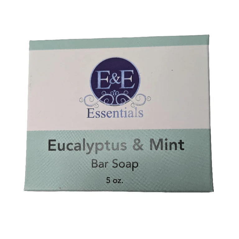 Front of Eucalyptus &amp; Mint Bar Soap packaging highlighting natural ingredients for sensitive skin