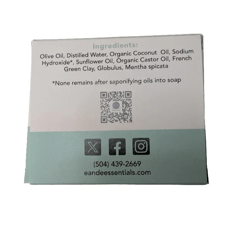 Eucalyptus &amp; Mint Bar Soap packaging with visible ingredients, ideal for dry and sensitive skin types