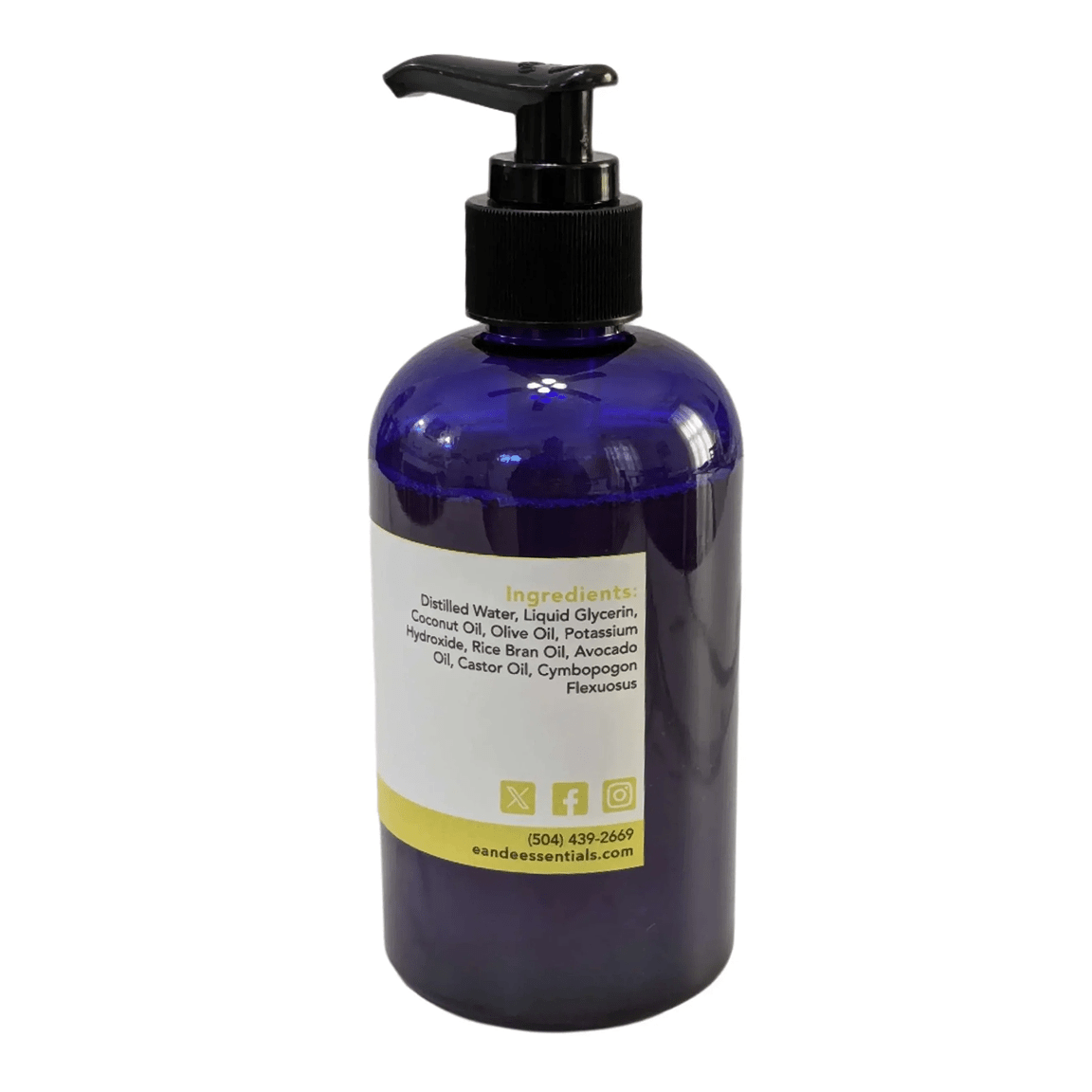 Blue bottle with pump and label on a white background