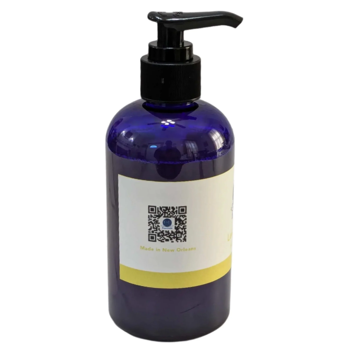 Blue bottle with pump and white label featuring a QR code on a white background