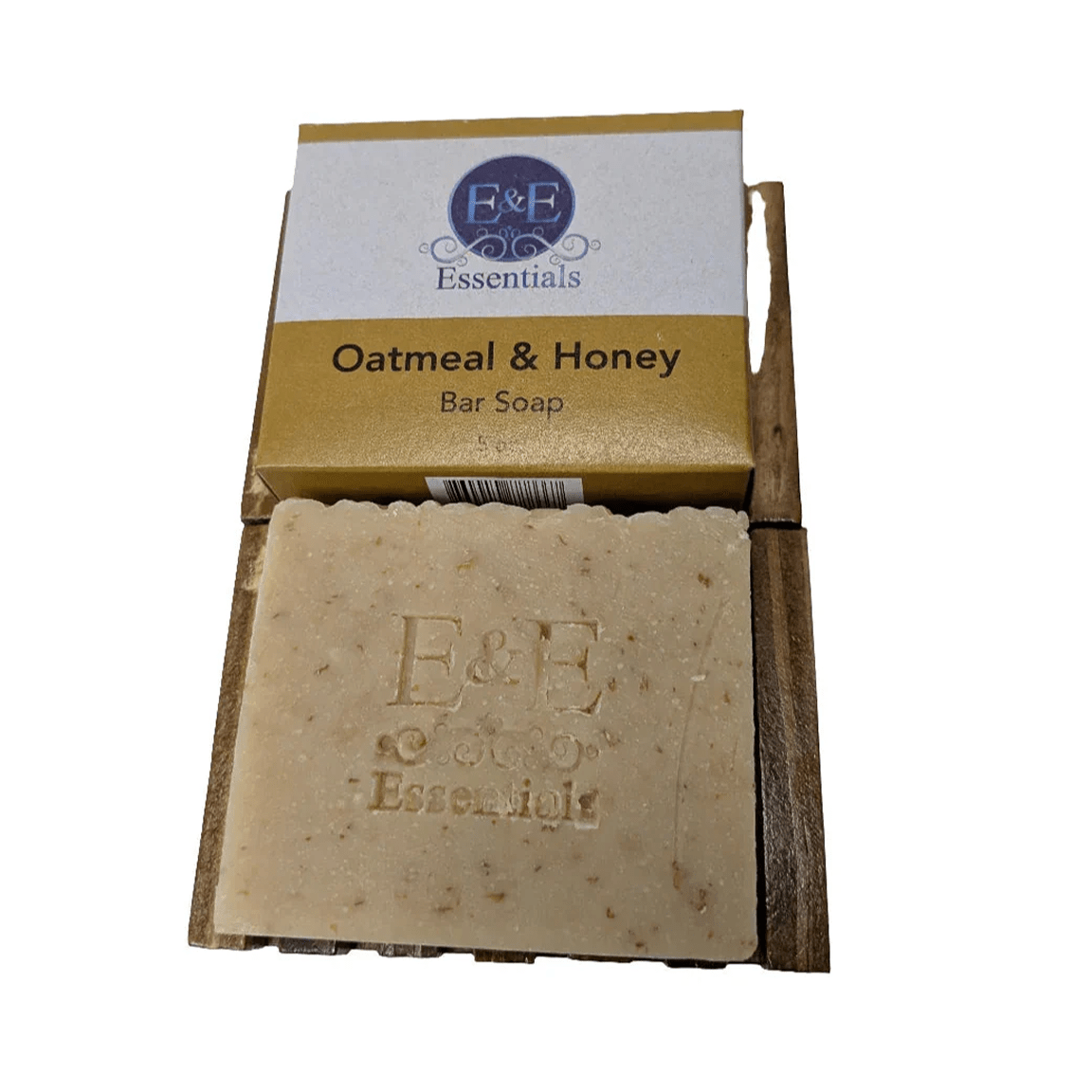 Oatmeal &amp; Honey bar soap with packaging displaying 'E&amp;E' brand on a white background