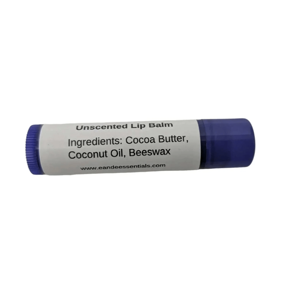 Lip balm with blue cap and white label on a white background