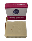 Bar of soap with a box labeled 'Yarrow & Witch Hazel' by E&E Essentials on a white background.