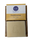 Frankincense bar soap with packaging on a white background