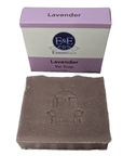 Lavender bar soap with packaging on a white background