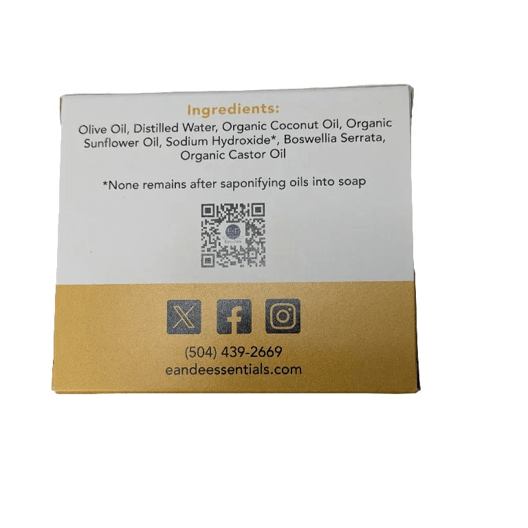 Frankincense Bar Soap ingredient label featuring olive oil, coconut oil, and frankincense