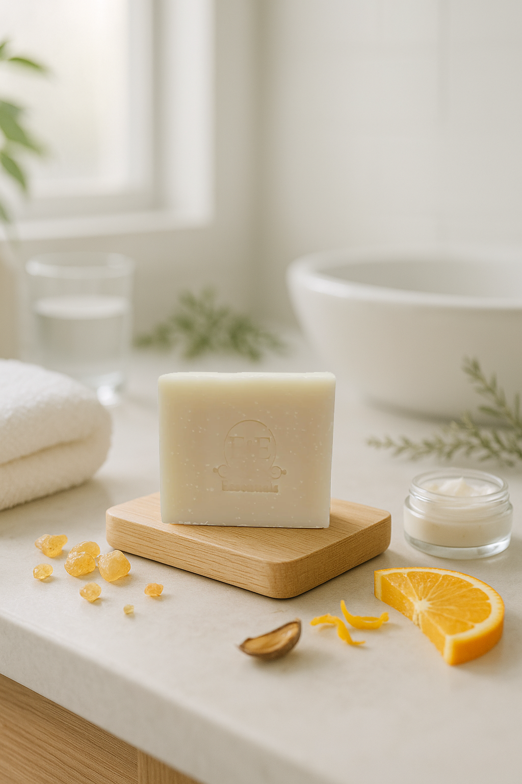 Frankincense bar soap on wooden tray with natural skincare ingredients in a bright bathroom setting