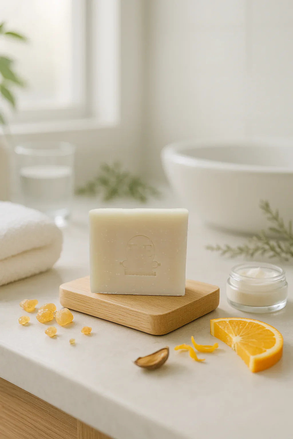 Frankincense bar soap on wooden tray with natural skincare ingredients in a bright bathroom setting
