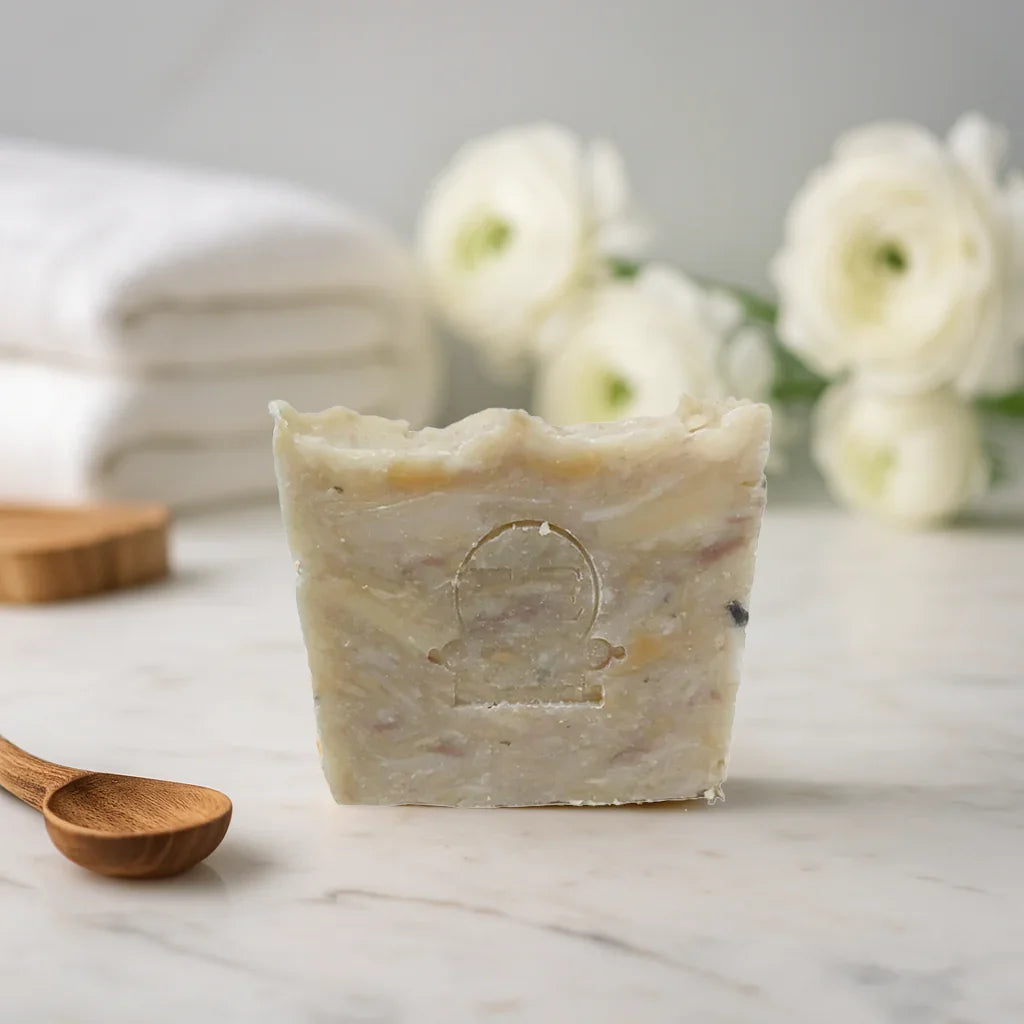 Gumbo Bar Soap handmade natural artisan soap bar with gentle ingredients on marble surface with wooden spoon and white flowers background